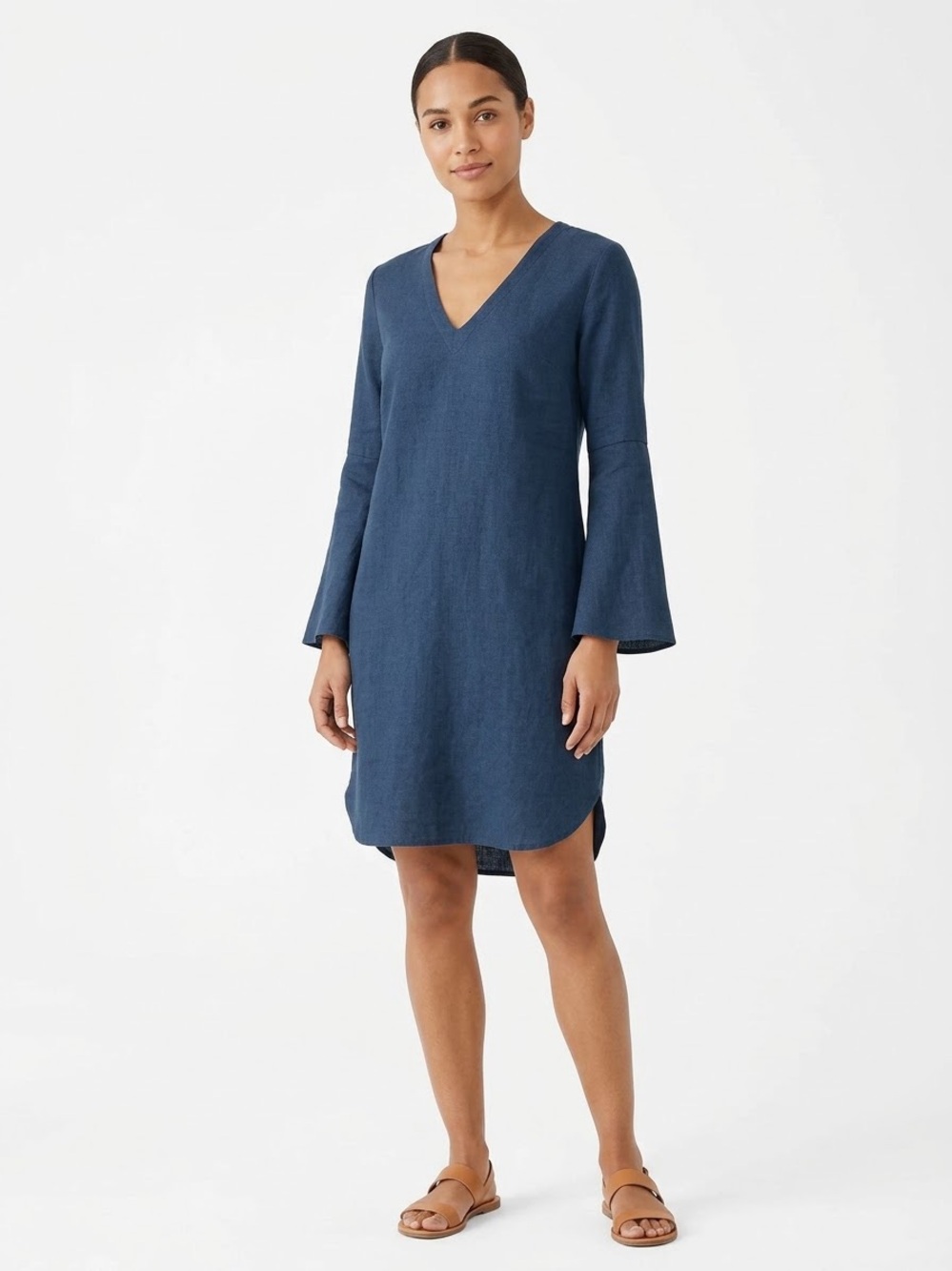 Soft Surroundings Linen V-Neck Tunic Shift Dress Navy Blue Bell Sleeve M